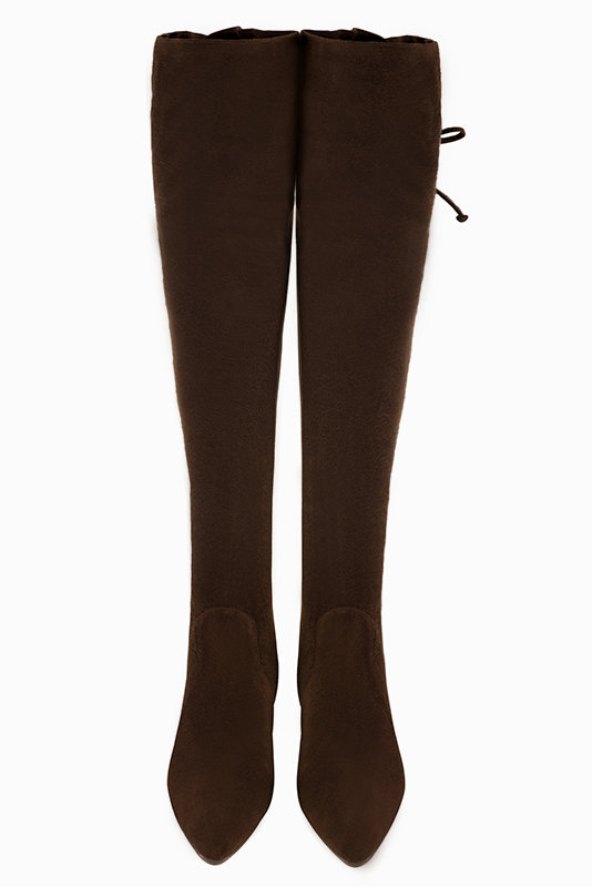 Dark brown women's leather thigh-high boots. Tapered toe. Low flare heels. Made to measure. Top view - Florence KOOIJMAN